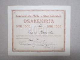 Taipaleen Saha-, Mylly- ja Sähköosakeyhtiö, Taipale, Suodenniemi 1921, 1 000 mk, nr 66 Paavo Rauvala -osakekirja / share certificate