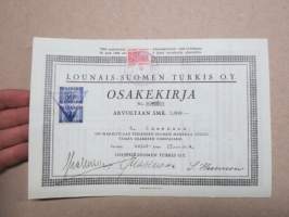 Lounais-Suomen Turkis Oy, Turku, 1 osake 1 000 mk, nr 478, 15.2.1944, G. Hasenson -osakekirja -share certificate