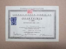 Lounais-Suomen Turkis Oy, Turku, 1 osake 1 000 mk, nr 480, 15.2.1944, G. Hasenson -osakekirja -share certificate
