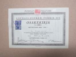 Lounais-Suomen Turkis Oy, Turku, 1 osake 1 000 mk, nr 477, 15.2.1944, G. Hasenson -osakekirja -share certificate