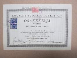 Lounais-Suomen Turkis Oy, Turku, 1 osake 1 000 mk, nr 481, 15.2.1944, G. Hasenson -osakekirja -share certificate