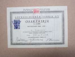 Lounais-Suomen Turkis Oy, Turku, 1 osake 1 000 mk, nr 476, 15.2.1944, G. Hasenson -osakekirja -share certificate