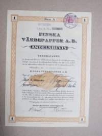 Finska Värdepapper Ab Andelsbevis Litt. A. nr 712, 1 andel, Helsingfors 1941 -osuustodistus / share certificate