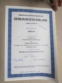 Naantalin Vapaavarasto Oy, Naantali 14.4.1982, 1 osake á 5 000 mk, nr 197, Naantalin kaupunki -osakekirja / share certificate