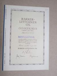 Barker-Littoinen Oy, Turku 1941, 1 osake á 1 000 mk, 10 000 mk -osakekirja / share certificate