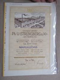 Ph. U. Strengberg & Kni, Pietarsaari, 1941, Litt. D 100 osaketta / aktier 1 000 mk -osakekirja - aktiebrev / share certificate