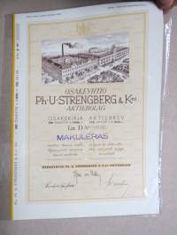 Ph. U. Strengberg & Kni, Pietarsaari, 1941, Litt. D 100 osaketta / aktier 1 000 mk -osakekirja - aktiebrev / share certificate