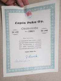 Lapin Puku Oy 1 000 mk nr 191 -osakekirja / share certificate