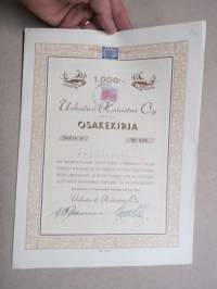 Urheilu & Kalastus Oy, Oulu, sarja A 1 osake - 1 000 mk nr 038, Oulu 5.6.1930, E.W. Paasivaara -osakekirja / share certificate