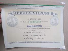 Repola-Viipuri Oy, Helsinki 1943, 10 osaketta á 1 000 mk 10 000 mk -osakekirja -share certificate