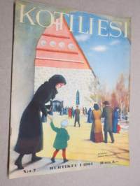 Kotiliesi 1934 nr 7, kansikuva Rudolf Koivu, Risti ja toivo, Kuistin kalustaminen, Vanhoja ja uusia monivuotisia kukkia, Pukua sovitellaan uudelleen, ym.