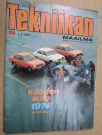 Tekniikan Maailma 1974 nr 1, Vuoden auto 1974 pohjolassa, Tiedon paloista sukellusveneeksi, Milloin kosmonautit lentävät kuuhun,Jokapäiväiset jätteet kevytsoraksi,ym