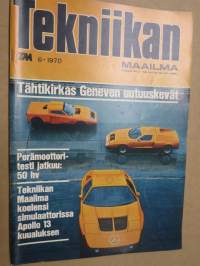 Tekniikan Maailma 1970 nr 6, Avaruuskeskus suomalaisen silmin, testiautot ja turvallisuus, polttoaineen kulutus, Mersu ja koriräätälit tarjosivat silmänruokaa, ym.