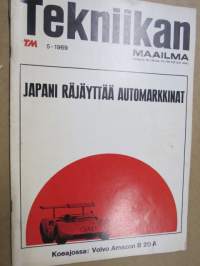 Tekniikan Maailma 1969 nr 5, Japani räjäyttää automarkkinat, Vuosisadan alun hurjat Fiatit, Sivuveneellinen moottoripyörä, Yleisradio avaruudessa,Heinlahti 16, ym.