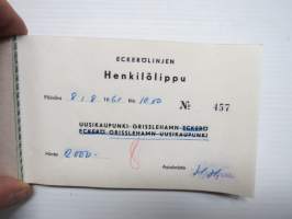 Eckerölinjen Henkilölippu nr 457 Uusikaupunki-Grisslehamn-Eckerö, käytetty 8.8.1961 -ferry ticket