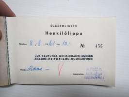 Eckerölinjen Henkilölippu nr 455 Uusikaupunki-Grisslehamn-Eckerö, käytetty 8.8.1961 -ferry ticket