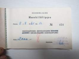 Eckerölinjen Henkilölippu nr 454 Uusikaupunki-Grisslehamn-Eckerö, käytetty 8.8.1961 -ferry ticket