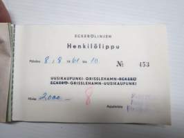 Eckerölinjen Henkilölippu nr 453 Uusikaupunki-Grisslehamn-Eckerö, käytetty 8.8.1961 -ferry ticket