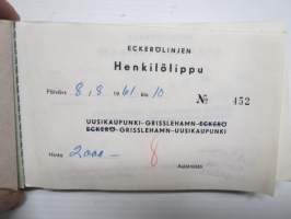 Eckerölinjen Henkilölippu nr 452 Uusikaupunki-Grisslehamn-Eckerö, käytetty 8.8.1961 -ferry ticket