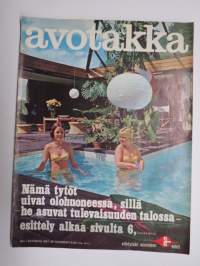 Avotakka 1967 nr 1, Lumpeenkukkatalo Ruotsissa, Nuori iloinen koti, Nahkatuoli, Rantapalsta, Kotisavustus, Poikamiestytön asunto, Golf, ym.