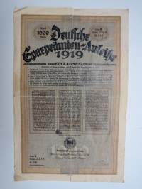 1000 Mark Deutsche Sparpremien-Anleihe 1919 Reihe B Gruppe 2218 Nr. 138 -saksalainen lainapaperi