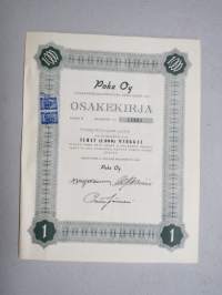 Poke Oy (Polkupyöräkauppiaiden Keskusliike Oy) -Polkupyöräkorjaamo Ajokki sarja B osakkeet nr 13233 1 osake 1 000 mk, Helsinki 1951 -osakekirja
