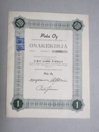 Poke Oy (Polkupyöräkauppiaiden Keskusliike Oy) -Polkupyöräkorjaamo Ajokki sarja B osakkeet nr 13236 1 osake á 1 000 mk, Helsinki 1951 -osakekirja