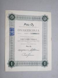 Poke Oy (Polkupyöräkauppiaiden Keskusliike Oy) -Polkupyöräkorjaamo Ajokki sarja B osakkeet nr 13234 1 osake 1 000 mk, Helsinki 1951 -osakekirja
