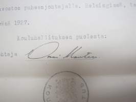 Kouluhallitus 1930 -todistus, allekirjoitus Einari Mantere / Gunnar Sarva