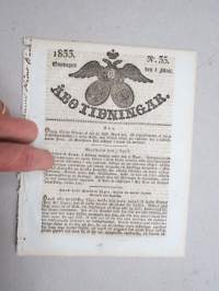 Åbo Tidningar 1833 nr 45, Onsdagen den 1. Mai, innehåller bl. a. följande artikel / annonser; Studerande Anders Gustaf Enehjelm död i Helsingfors, Brukspatronen
