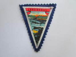 Langinkoski -kangasmerkki / matkailumerkki / hihamerkki / badge -pohjaväri sininen