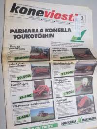 Koneviesti 1992 nr 3 - Maarakennuskoneiden myynti meni jumiin 1991,Raiseli 2,4M Hydraulisesti hallittava takakauha,Agromek´92 Kansainvälistyvä tanskalaisnäyttely,ym.