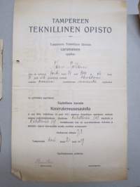 Tampereen Teknillinen Opisto - Täydellinen kurssi Konerakennusosastolla, todistus Tauno Pöllänen, 21.6.1919 -asiakirja / dokumentti