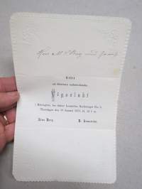 Bjudes att  öfvervara undertecknades Vigselakt  10.1.1878 i Helsingfors - Lina Berg & R. Lemström -vihkiäiskutsukortti