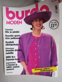 Burda 1989 nr 5 muotilehti -mukana kaava-arkki + työselostus suomeksi -fashion magazine