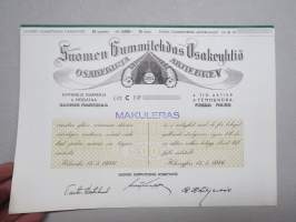 Suomen Gummitehdas Osakeyhtiö (Nokia) osakekirja - aktiebrev 10 osaketta á 500 Smk - å tio aktier á 500 Fmk, 5 000 mk, Helsinki 1946, blanco, makuleras -merkitty