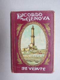 Ricordo Di Genova -haitarimaisesti aukeava kuvateos kaupungista ja nähtävyyksistä, kartta, kohopainatteinen kansi, 1900-luvun alku (kuvissa ei vielä näy autoja)