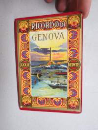 Ricordo Di Genova -haitarimaisesti aukeava kuvateos kaupungista ja nähtävyyksistä, kartta, kohopainatteinen kansi, 1900-luvun alku (kuvissa ei vielä näy autoja)