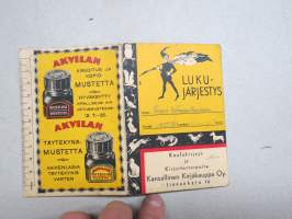 Lukujärjestys  - Akvilan täytekynämuste mainos / Kansallinen Kirjakauppa Oy, lukuvuosi 1937-38 käytössä ollut