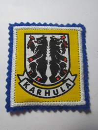 Karhula -kangasmerkki / matkailumerkki / hihamerkki / badge -pohjaväri sininen