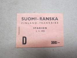 Suomi-Ranska / Finland-Frankrike, Stadion, 5.9.1953, Katsomo D - yleisurheilumaaottelu -pääsylippu
