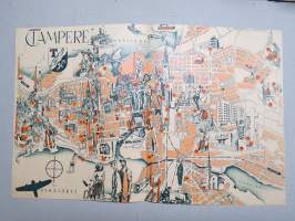 Tampere - Piirroskartta + kuvitettu lehtiartikkeli paikkakunnasta, kuvittanut Aarne Nopsanen