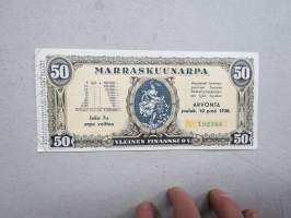 Marraskuunarpa - Yleinen Finanssi, 50.- mk, arvonta joulukuun 10 p:nä 1938, arpa numero 192366 -lottery ticket