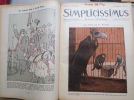 Simplicissimus 1908-09 numeroita yhteissidoksena, saksalainen pilapiirros- ja satiirilehti, runsas kuvitus, mainoksia / german magazine