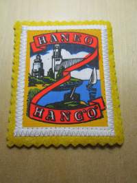 Hanko -Hangö -kangasmerkki / matkailumerkki / hihamerkki / badge -pohjaväri keltainen