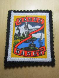 Hanko -Hangö -kangasmerkki / matkailumerkki / hihamerkki / badge -pohjaväri musta