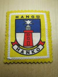 Hangö -Hanko -kangasmerkki / matkailumerkki / hihamerkki / badge -pohjaväri keltainen