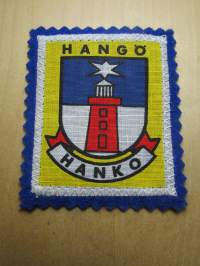 Hangö -Hanko -kangasmerkki / matkailumerkki / hihamerkki / badge -pohjaväri sininen