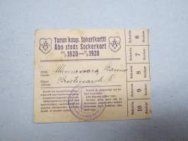 Turun Kaupungin Sokerikortti / Åbo Stads sockerkort, Raimo Ulmavaara -vuoden 1920 pula-ajan säännöstelykortti