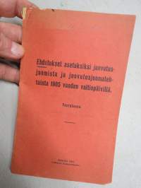 Ehdotukset asetuksiksi juovutusjuomista ja juovutusjuomatehtaista 1905 vuoden valtiopävillä. Vastalause. Suomen Panimoteollisuusyhdistyksen kannanotto